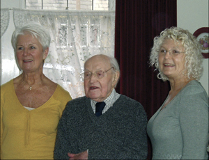 Ronnie celebrating his 94th birthday with his daughters Margaret and Pauline